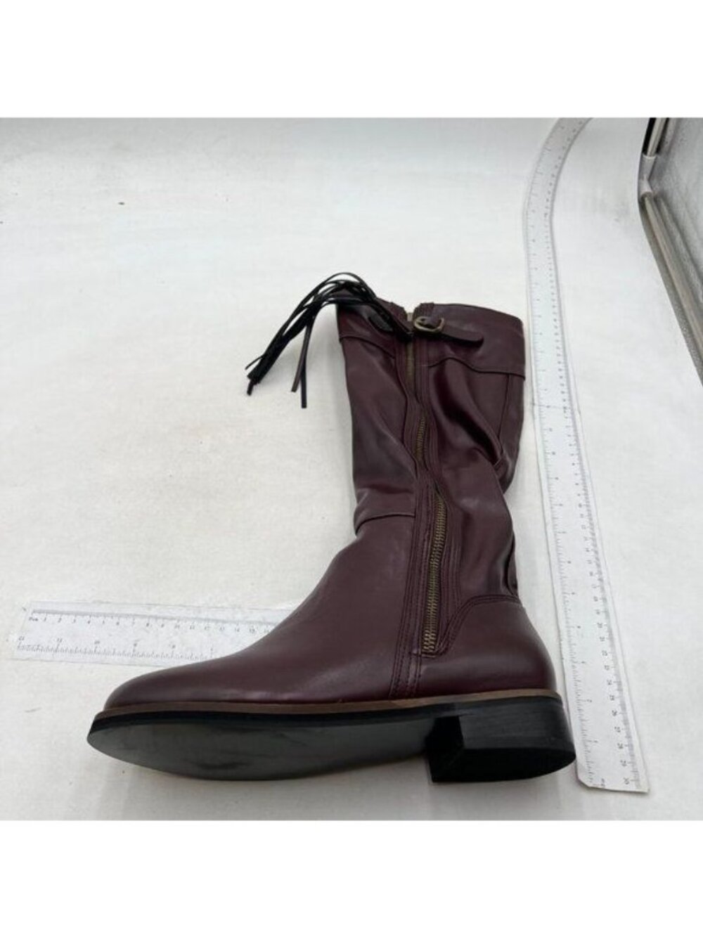 Women Chic Closed Pointed Decorative Buckle Tassel Knee High Boots Brown Boots